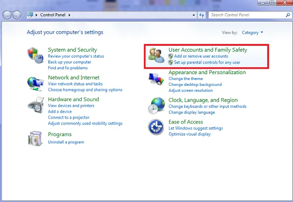Giao diện User Accounts trong Control Panel của Windows 7 để đổi mật khẩu