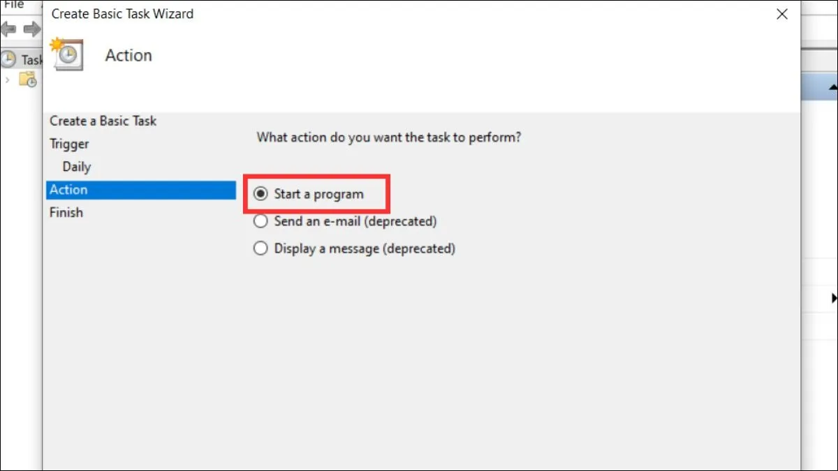 Cấu hình Action là "Start a program" để kích hoạt chế độ Wake Timer trong quá trình hẹn giờ máy tính Win 10.