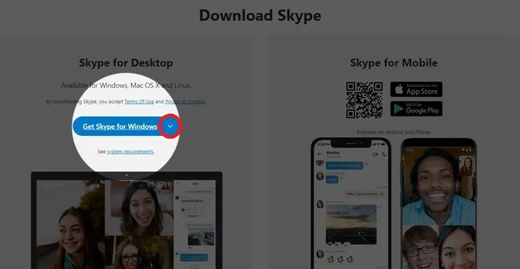 Tùy chọn phiên bản tải Skype phù hợp với hệ điều hành máy tính từ trang chủ