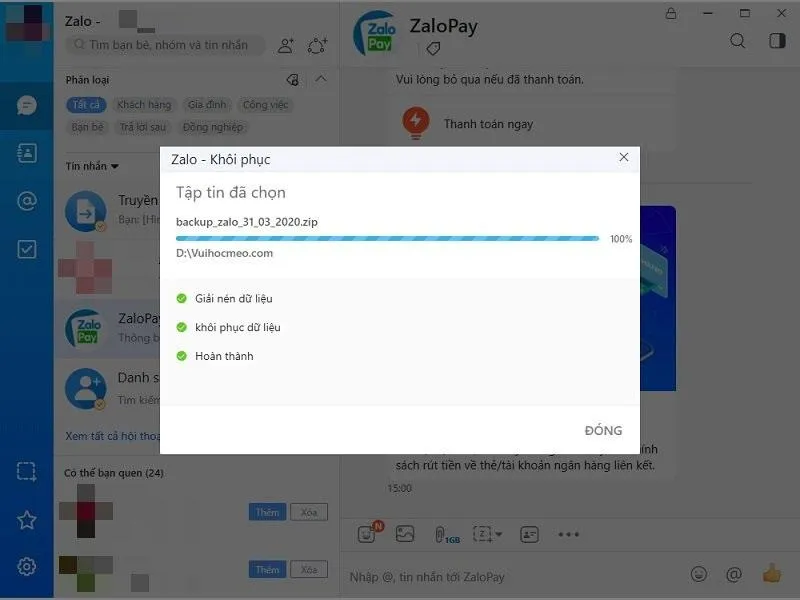 Thông báo xác nhận khôi phục dữ liệu Zalo thành công trên máy tính PC