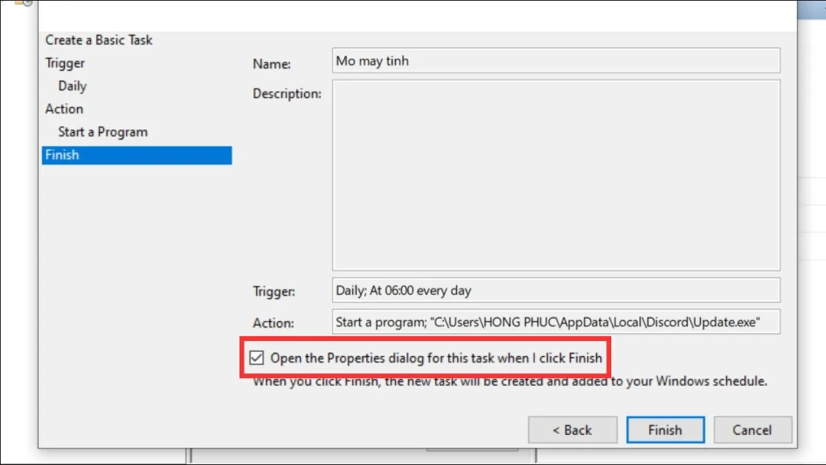 Tích chọn mở cửa sổ Properties dialog để truy cập các cài đặt Conditions nâng cao cho tác vụ.