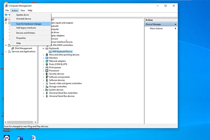 Thiết lập lại driver bàn phím bằng cách Uninstall và Scan for hardware changes
