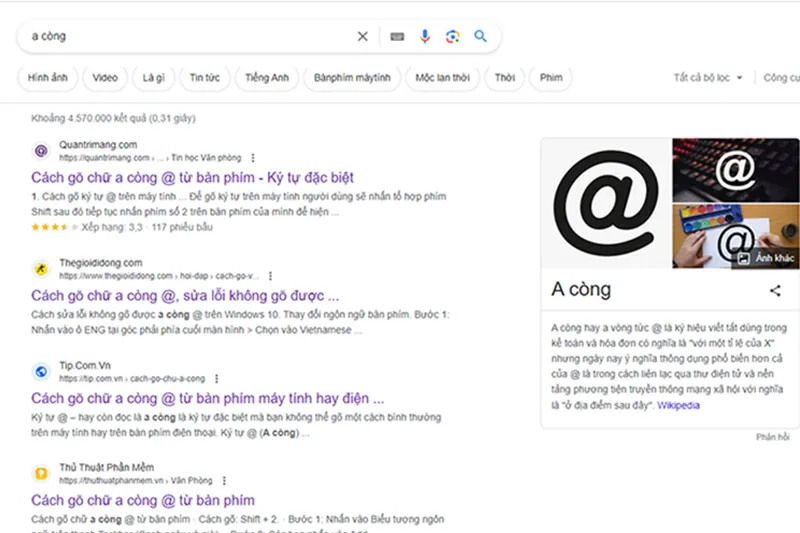 Sao chép ký tự @ (a còng) trực tiếp từ một trang web hoặc công cụ tìm kiếm