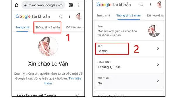 Giao diện website Tài khoản Google hiển thị tùy chọn Thông tin cá nhân và Tên.