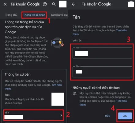 Hoàn tất thao tác nhập tên mới và lưu lại trong cài đặt thông tin cá nhân Google.