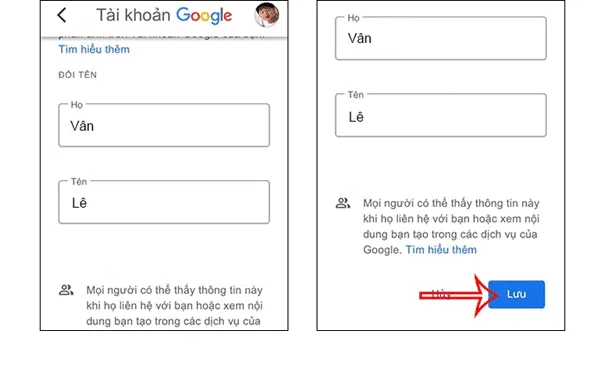 Nhập và xác nhận tên tài khoản Google mới trong giao diện đổi tên trên ứng dụng di động.