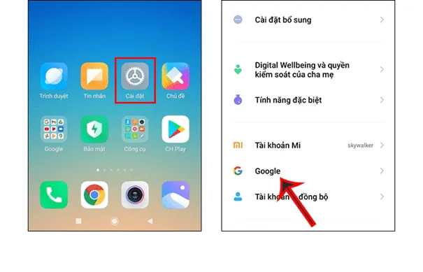 Tìm và chọn mục Google trong ứng dụng Cài đặt (Settings) của thiết bị Android.