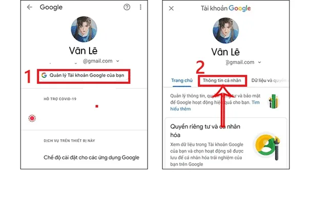 Chọn Quản lý tài khoản Google của bạn để truy cập cấu hình thông tin cá nhân từ điện thoại Android.