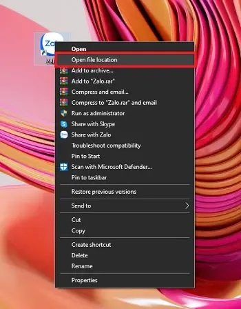 Mở vị trí tệp của ứng dụng Zalo đã cài đặt