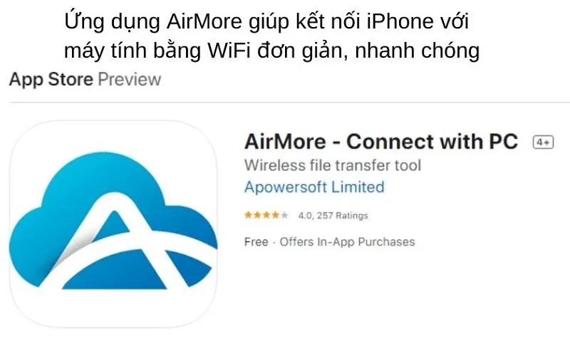 Giao diện chính của ứng dụng AirMore trên iPhone giúp kết nối wifi iphone với máy tính