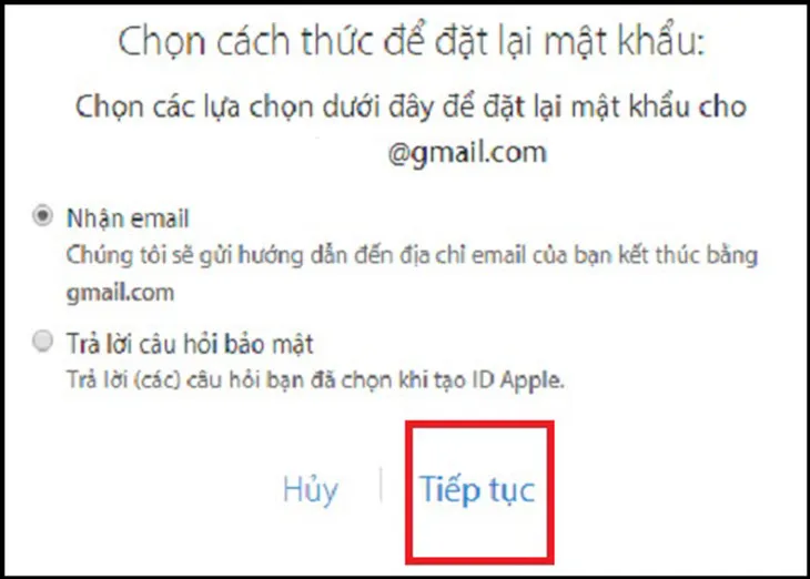 Chọn cách thức khôi phục là Email để nhận hướng dẫn đặt lại mật khẩu