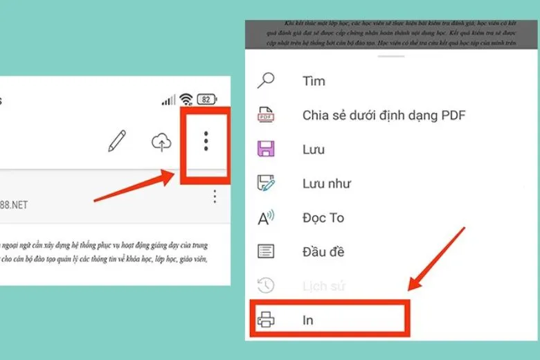 Chọn "In" từ menu tài liệu Word trên Android