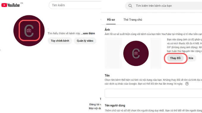 Minh họa giao diện yêu cầu kích thước chuẩn (800x800 px) khi tải ảnh đại diện lên YouTube Studio
