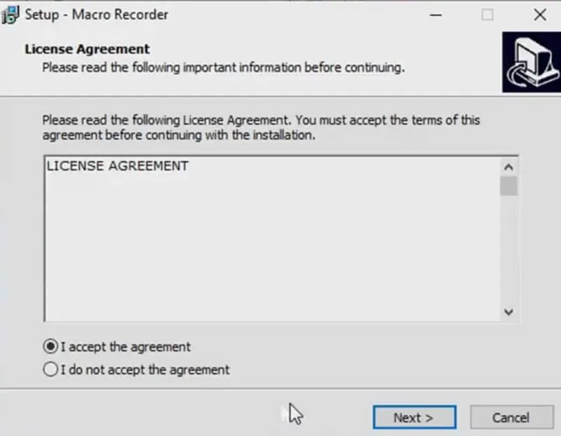 Hộp thoại cài đặt Auto Macro Recorder, chấp thuận I accept the agreement để tiến hành thao tác trên máy tính