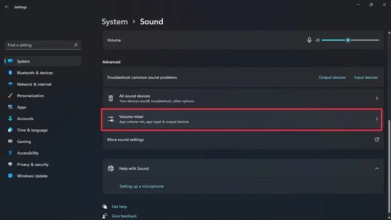 Chọn Volume Mixer trong cài đặt nâng cao của Sound