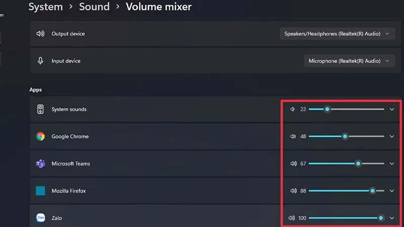 Thanh trượt điều chỉnh âm lượng cho từng ứng dụng riêng biệt