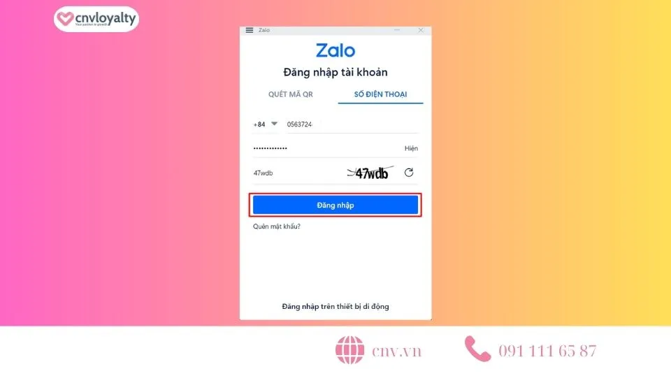 Bấm vào nút đăng nhập