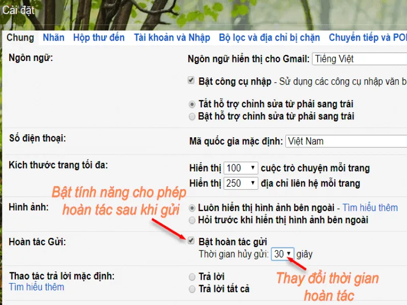 Cài đặt thời gian hoàn tác gửi thư trong phần Cài đặt của Gmail