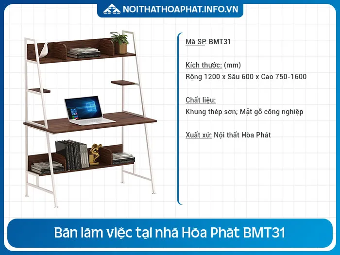 Bàn làm việc tại nhà khung thép có giá sách BMT31