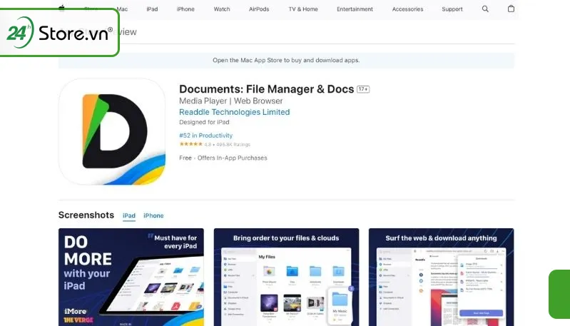 Giao diện quản lý tập tin Documents 5 trên iPhone (Minh họa cho quản lý file sau khi chuyển)