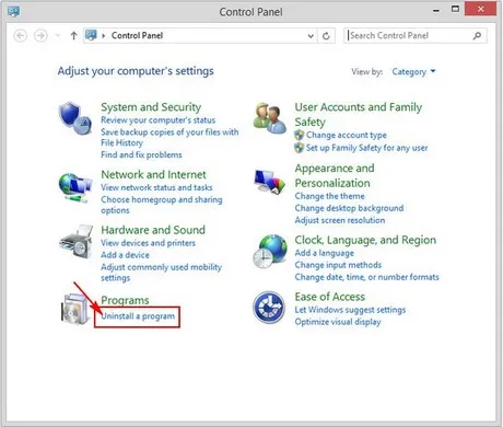 Giao diện Control Panel Windows 8 chọn Uninstall a program