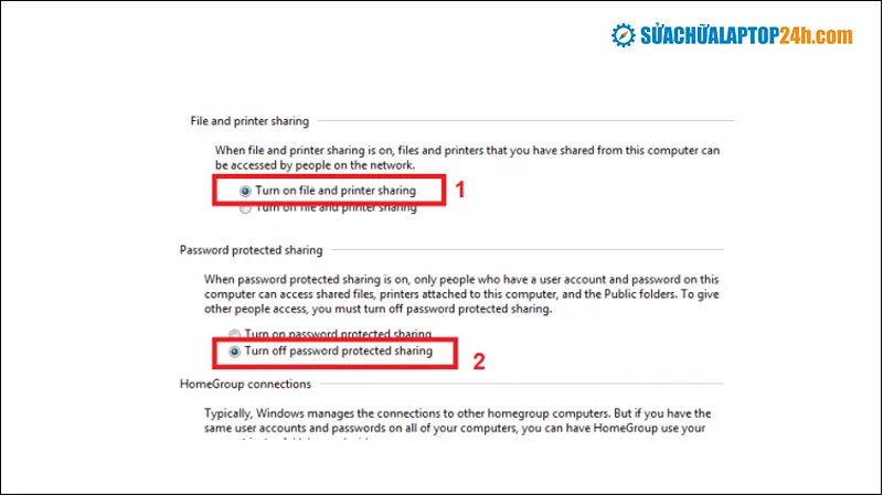 Tắt tính năng bảo vệ mật khẩu (Turn off password protected sharing) khi chuyển dữ liệu giữa 2 máy tính