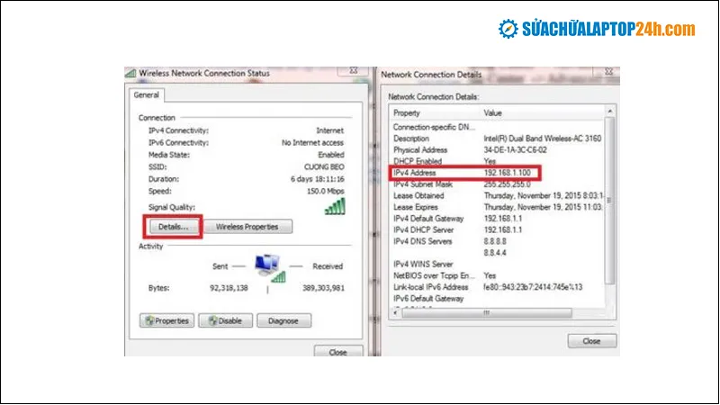 Xem chi tiết địa chỉ IPv4 Address để kết nối trực tiếp hai máy tính