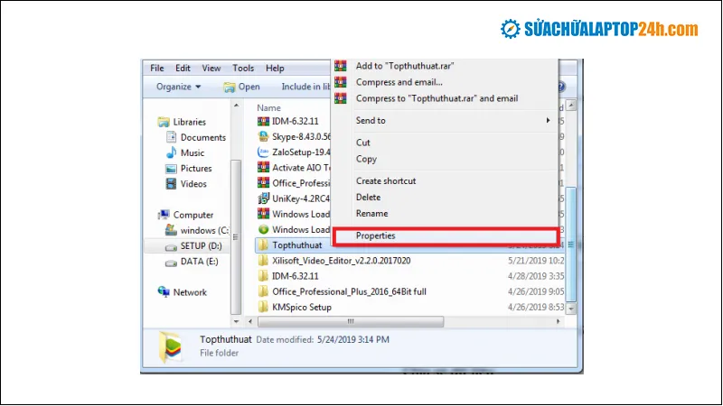 Mở Properties của thư mục cần chia sẻ dữ liệu giữa máy tính cũ và máy tính mới