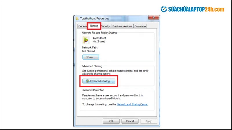 Thiết lập Advanced Sharing trong tab Sharing để cấp quyền chuyển file