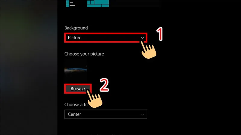 Trong Background chọn Picture và nhấn Browse để tìm hình nền đã tạo