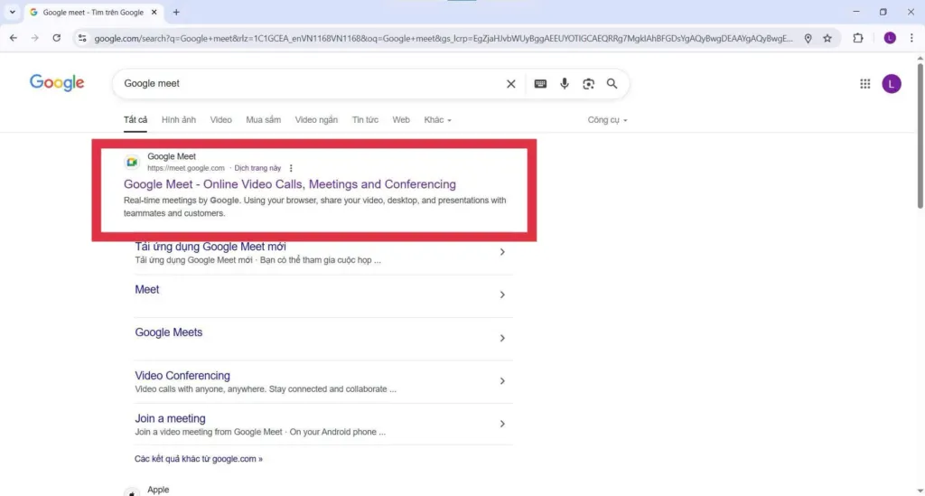 Minh họa giao diện Chrome khi tìm kiếm và truy cập Google Meet.