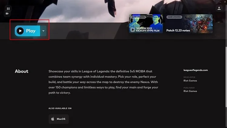 Nút Play trên giao diện Riot Client sau khi đã tải xong Liên Minh Huyền Thoại