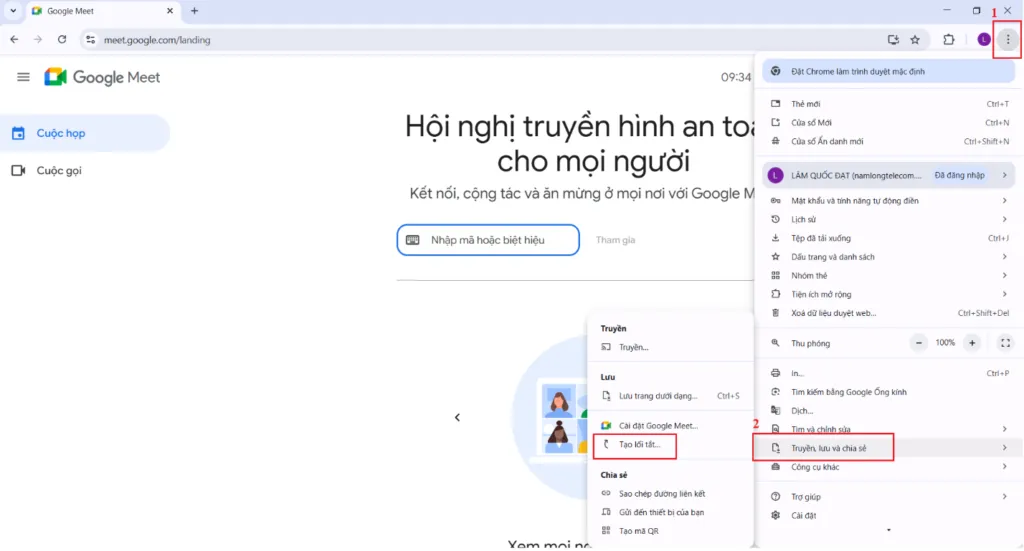 Chọn mục Cài đặt và chia sẻ để thực hiện cách tải Google Meet trên máy tính thông qua lối tắt.