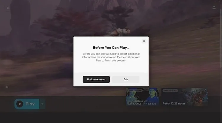 Yêu cầu cập nhật thông tin tài khoản VNG sau khi cài đặt Liên Minh Huyền Thoại Riot