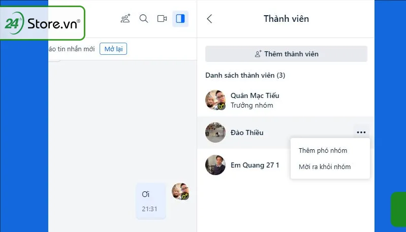 Nhấp chuột vào thành viên muốn xóa