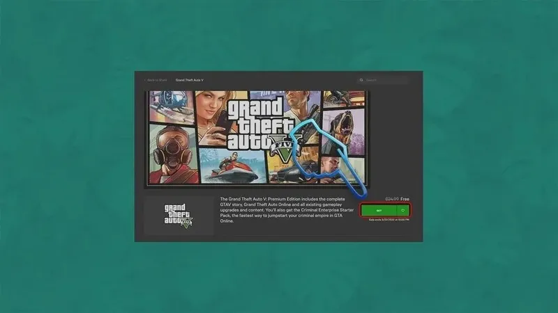 Nút 'Nhận' (Get) trong giao diện mua GTA V trên Epic Games Store, một bước quan trọng trong cách tải GTA trên máy tính