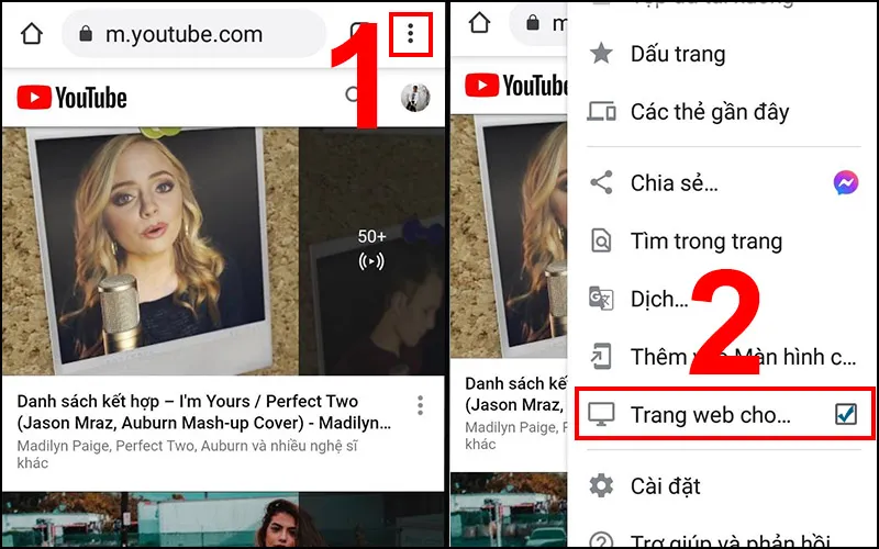 Chọn tùy chọn Trang web cho máy tính để thực hiện cách xóa youtube trên máy tính qua điện thoại