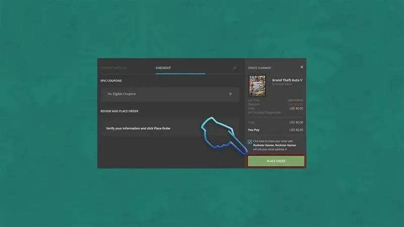 Giao diện thanh toán và đặt hàng (Place Order) trên Epic Games Store khi mua GTA V