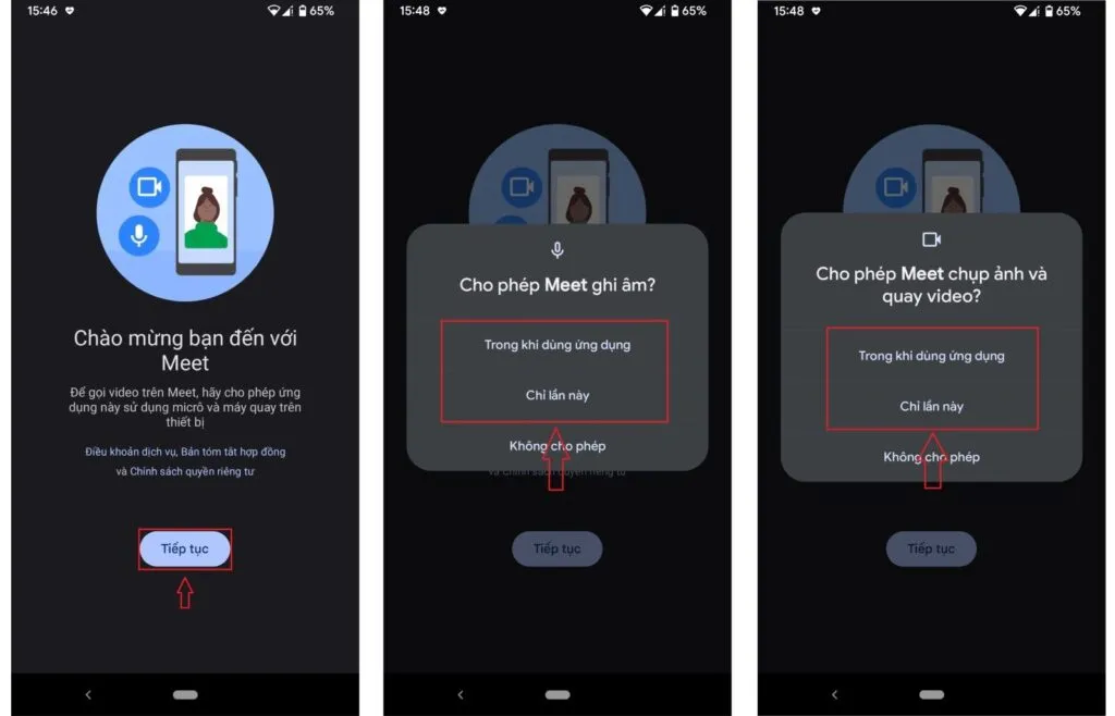 Cấp quyền truy cập Camera và Micro khi cài đặt Google Meet trên Android.