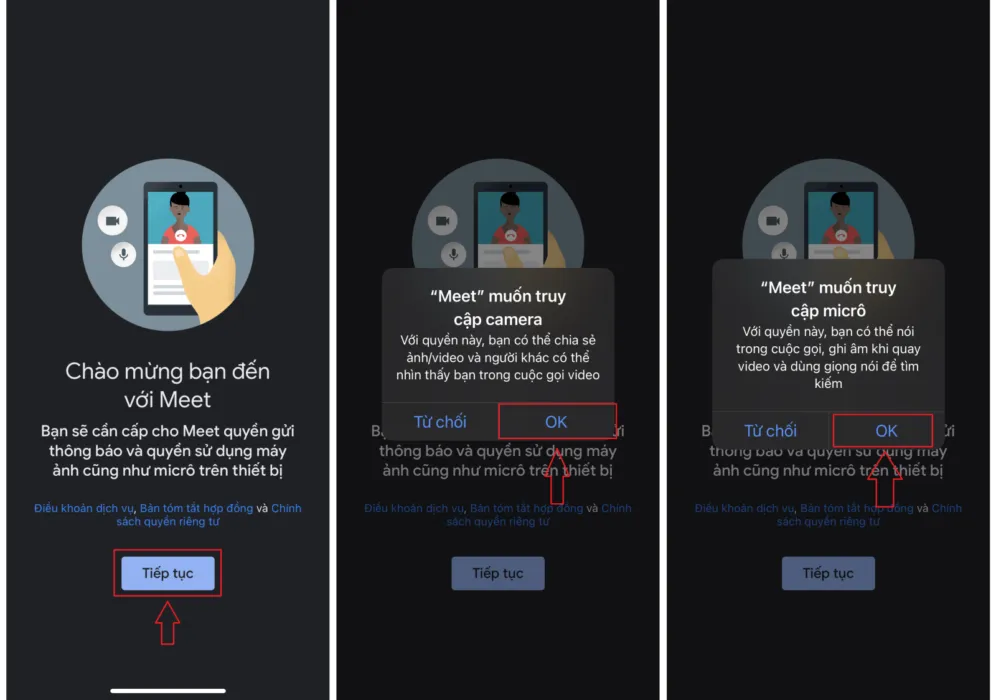 Xác nhận cấp quyền truy cập thiết bị sau khi cài đặt Google Meet trên iPhone/iPad.