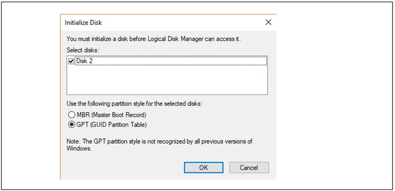 Thao tác khởi tạo ổ cứng mới bằng Disk Management trên Windows, lựa chọn kiểu phân vùng GPT.