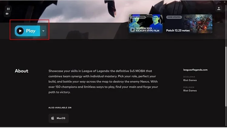 Giao diện Riot Client sẵn sàng để bắt đầu chơi Liên Minh Huyền Thoại sau khi cập nhật