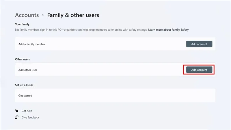 Chọn Add Account trong mục Other Users để tạo tài khoản mới trên máy tính