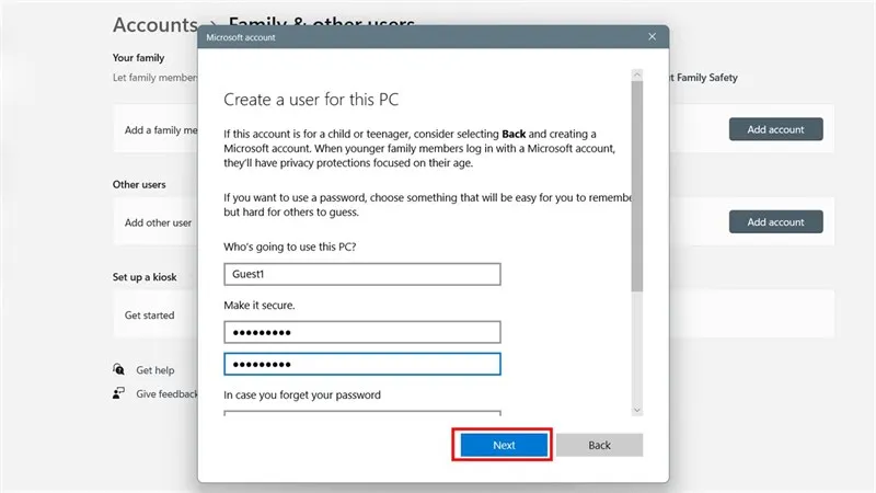 Nhập tên tài khoản, mật khẩu và câu hỏi bảo mật để hoàn tất việc tạo tài khoản cục bộ