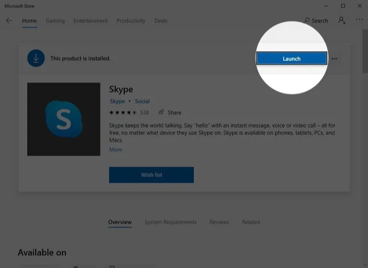 Nhấn nút Launch để khởi chạy ứng dụng Skype sau khi cài đặt thành công