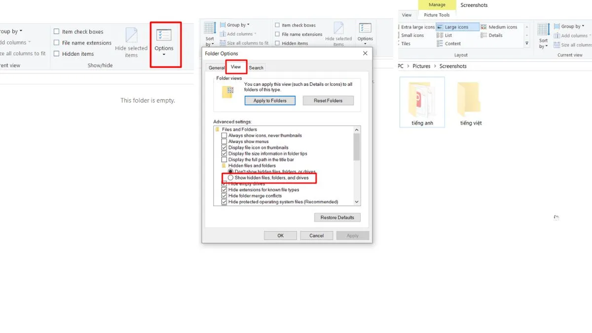 Sử dụng mục Option của File Explorer để ẩn file trên máy tính
