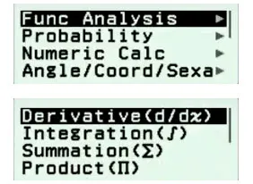 Màn hình máy tính Casio FX 880BTG hiển thị tính năng Derivative(d/dx) trong mục Func Analysis