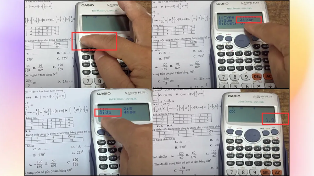 Truy xuất độ lệch chuẩn (σx) và thực hiện bình phương để tìm phương sai trên Casio 570