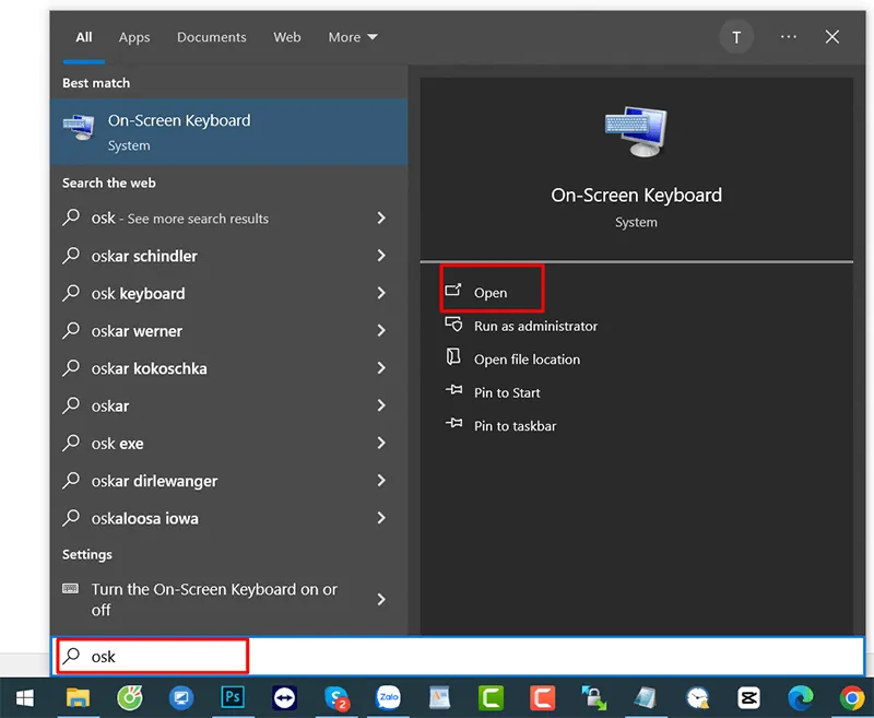 Màn hình minh họa cách bật bàn phím ảo (OSK) trên Windows, hỗ trợ người dùng nhập liệu khi bàn phím vật lý bị hỏng