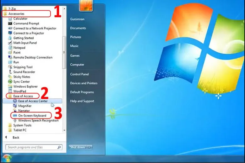 Danh sách Accessories và Ease of Access trong Windows 7 để mở On-Screen Keyboard.